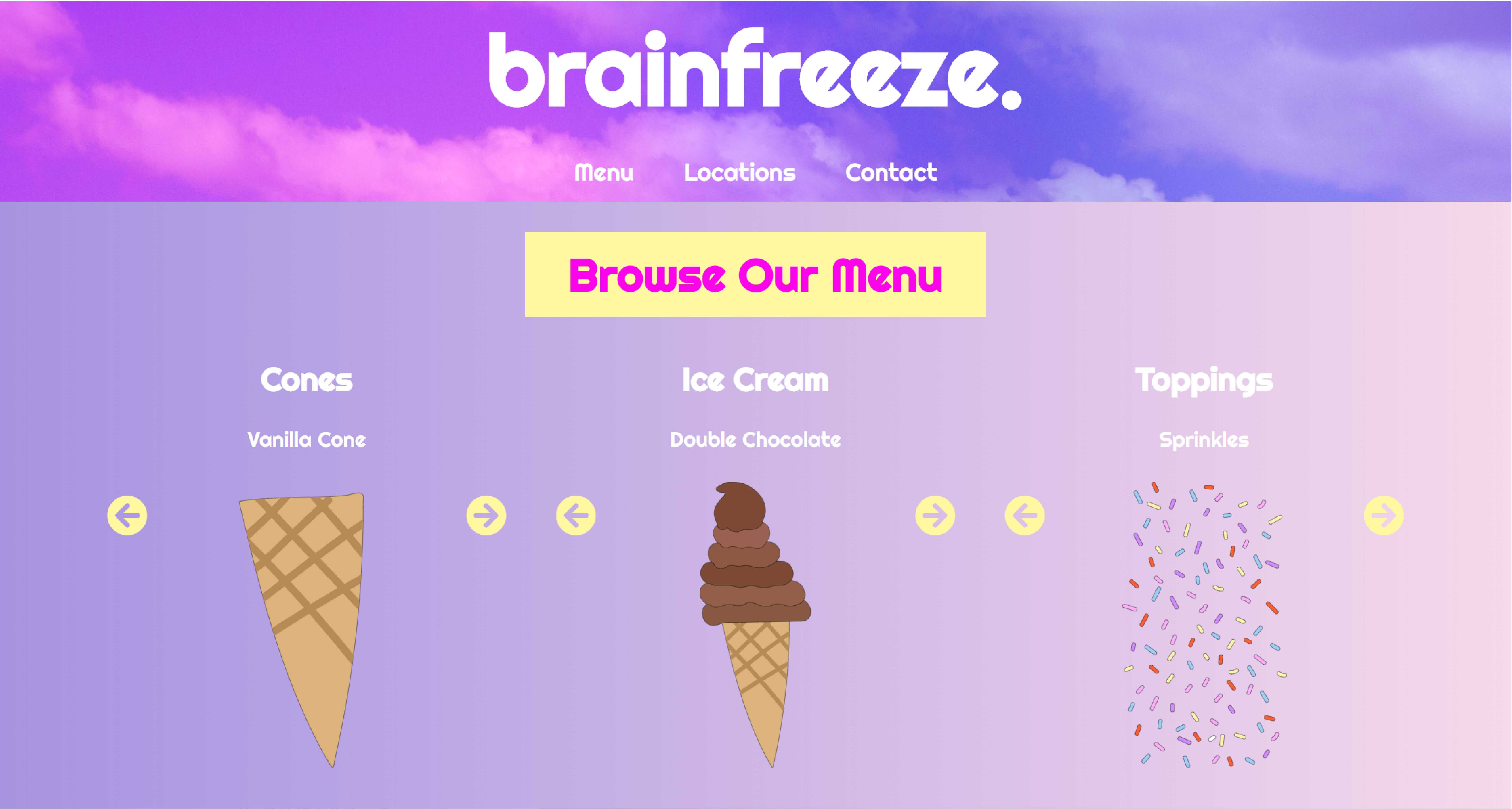 screenshot from Brainfreeze ice-cream website