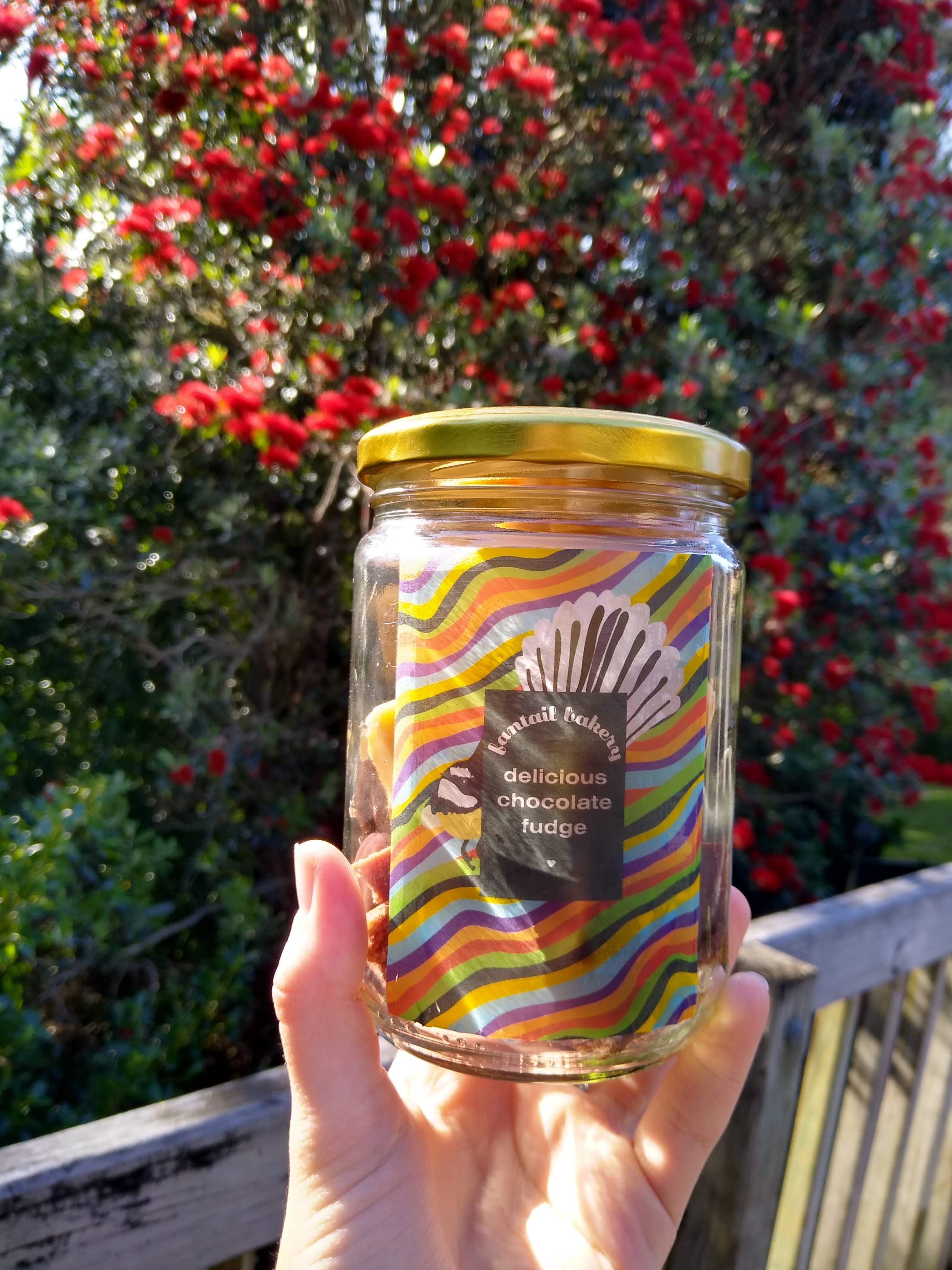 jar of fudge with fantail bakery colourful label